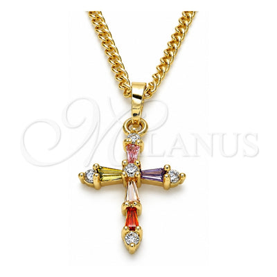 Oro Laminado Pendant Necklace, Gold Filled Style Cross and Baguette Design, with Multicolor Cubic Zirconia, Polished, Golden Finish, 04.284.0009.3.20 (02 MM Thickness, 20 Inches Length)