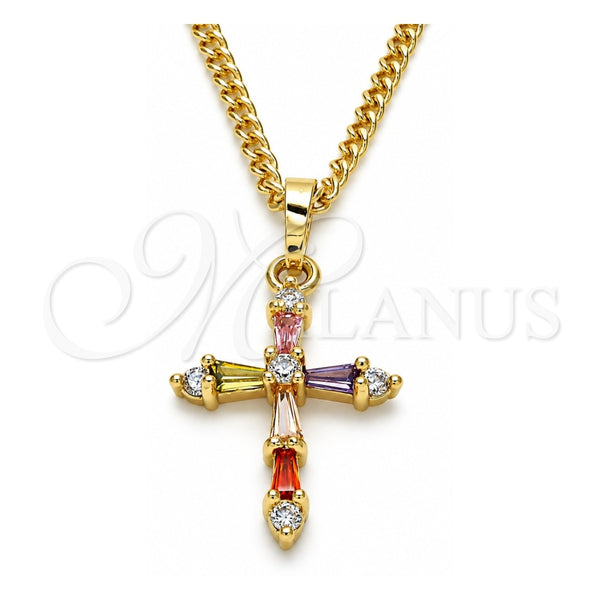Oro Laminado Pendant Necklace, Gold Filled Style Cross and Baguette Design, with Multicolor Cubic Zirconia, Polished, Golden Finish, 04.284.0009.3.20 (02 MM Thickness, 20 Inches Length)