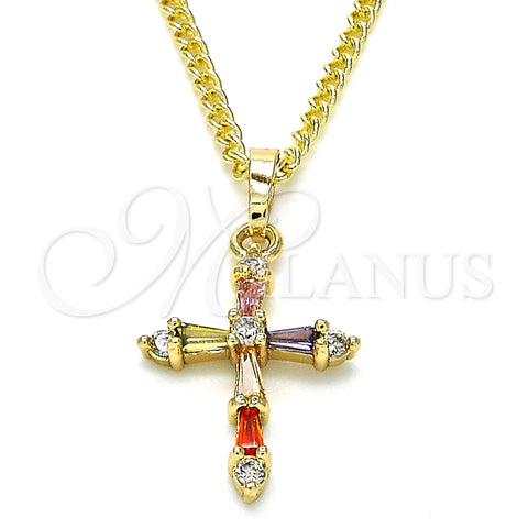 Oro Laminado Pendant Necklace, Gold Filled Style Cross and Baguette Design, with Multicolor Cubic Zirconia, Polished, Golden Finish, 04.284.0009.3.20 (02 MM Thickness, 20 Inches Length)