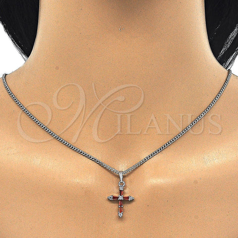 Rhodium Plated Pendant Necklace, Cross Design, with Garnet and White Cubic Zirconia, Polished, Rhodium Finish, 04.284.0009.5.22 (02 MM Thickness, 22 Inches Length)