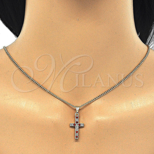 Oro Laminado Pendant Necklace, Gold Filled Style Cross Design, with Garnet and White Cubic Zirconia, Polished, Golden Finish, 04.284.0007.1.22 (02 MM Thickness, 22 Inches Length)