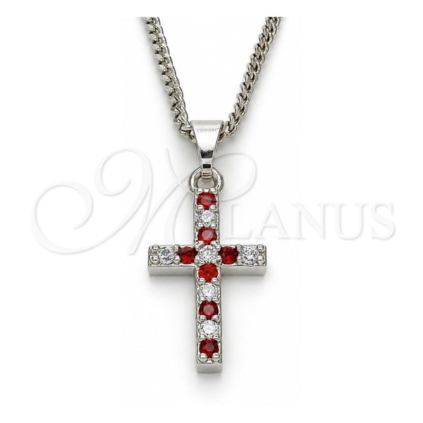 White Gold Filled Pendant Necklace, Cross Design, with Garnet and White Cubic Zirconia, Polished, Rhodium Finish, 04.284.0007.5.22 (02 MM Thickness, 22 Inches Length)