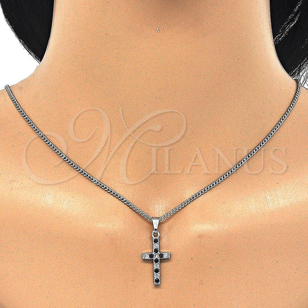 Rhodium Plated Pendant Necklace, Cross Design, with Black and White Cubic Zirconia, Polished, Rhodium Finish, 04.284.0007.6.22 (02 MM Thickness, 22 Inches Length)