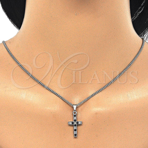 Rhodium Plated Pendant Necklace, Cross Design, with Black and White Cubic Zirconia, Polished, Rhodium Finish, 04.284.0007.6.22 (02 MM Thickness, 22 Inches Length)