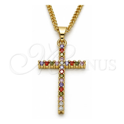 Oro Laminado Pendant Necklace, Gold Filled Style Cross Design, with Multicolor Cubic Zirconia, Polished, Golden Finish, 04.284.0013.3.20 (02 MM Thickness, 20 Inches Length)