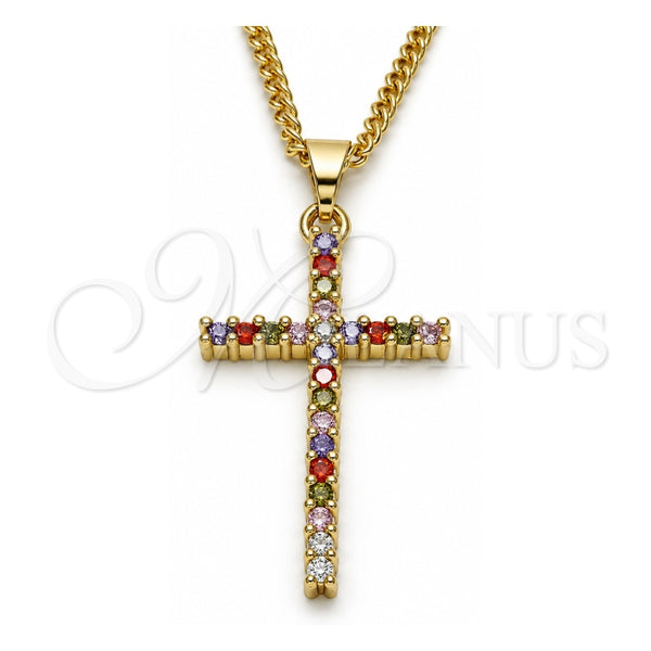 Oro Laminado Pendant Necklace, Gold Filled Style Cross Design, with Multicolor Cubic Zirconia, Polished, Golden Finish, 04.284.0013.3.20 (02 MM Thickness, 20 Inches Length)