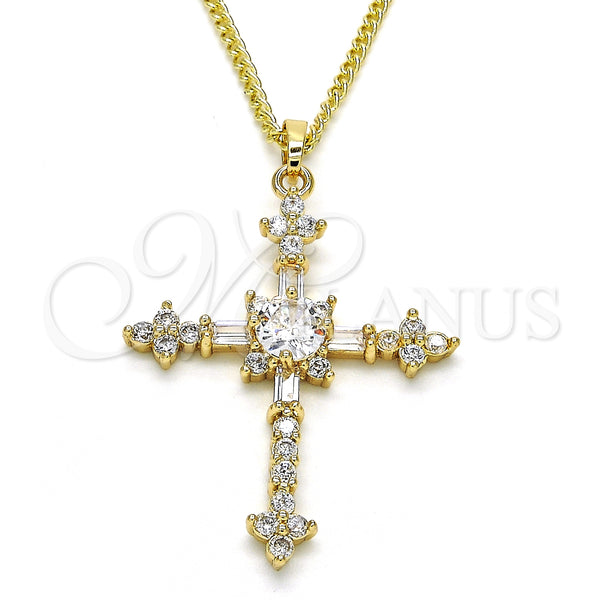 Oro Laminado Pendant Necklace, Gold Filled Style Cross and Baguette Design, with White Cubic Zirconia, Polished, Golden Finish, 04.284.0011.22 (02 MM Thickness, 22 Inches Length)