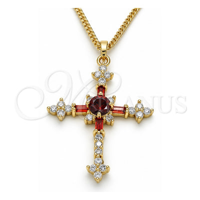 Oro Laminado Pendant Necklace, Gold Filled Style Cross and Baguette Design, with Garnet and White Cubic Zirconia, Polished, Golden Finish, 04.284.0011.1.22 (02 MM Thickness, 22 Inches Length)