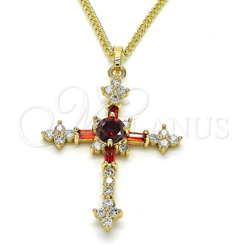 Oro Laminado Pendant Necklace, Gold Filled Style Cross and Baguette Design, with Garnet and White Cubic Zirconia, Polished, Golden Finish, 04.284.0011.1.22 (02 MM Thickness, 22 Inches Length)