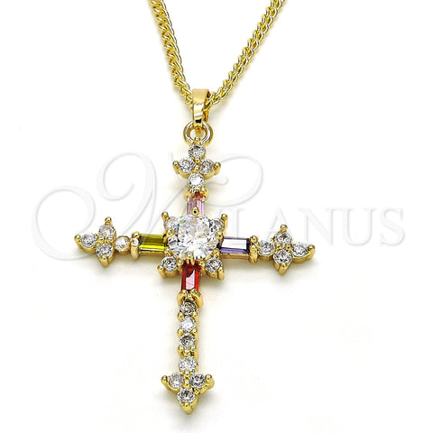 Oro Laminado Pendant Necklace, Gold Filled Style Cross and Baguette Design, with Multicolor Cubic Zirconia, Polished, Golden Finish, 04.284.0011.3.20 (02 MM Thickness, 20 Inches Length)
