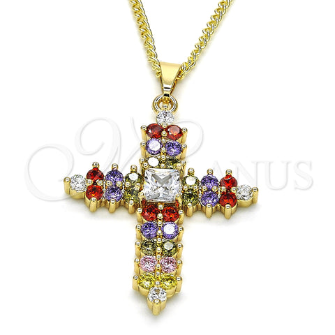 Oro Laminado Pendant Necklace, Gold Filled Style Cross Design, with Multicolor Cubic Zirconia, Polished, Golden Finish, 04.284.0012.3.20 (02 MM Thickness, 20 Inches Length)