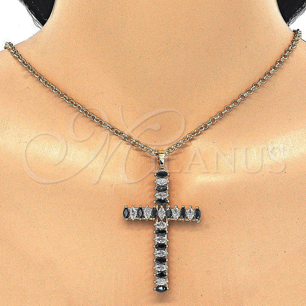Oro Laminado Fancy Pendant, Gold Filled Style Cross Design, with Black and White Cubic Zirconia, Polished, Golden Finish, 05.316.0001.2