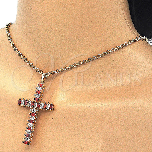 Oro Laminado Fancy Pendant, Gold Filled Style Cross Design, with Garnet and White Cubic Zirconia, Polished, Golden Finish, 05.316.0001.3