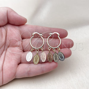 Gold Filled Hoop Earrings — Small Hoop Guadalupe Design Polished Tricolor 02.63. — main product view — SKU 125573 | Oro Laminado aretes de aro — Small Hoop Guadalupe diseño pulido Tricolor 02.63. — SKU 125573