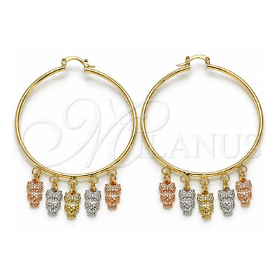 Oro Laminado Large Hoop, Gold Filled Style Owl Design, Polished, Tricolor, 02.63.2663.55