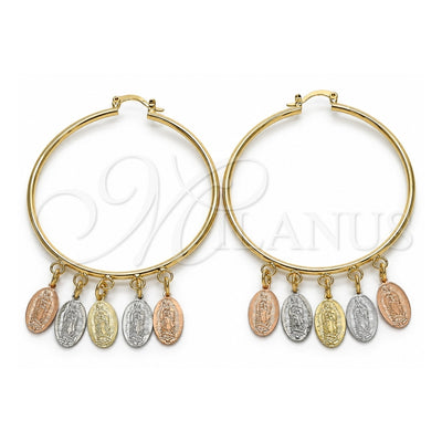 Oro Laminado Large Hoop, Gold Filled Style Guadalupe Design, Polished, Tricolor, 02.63.2661.55