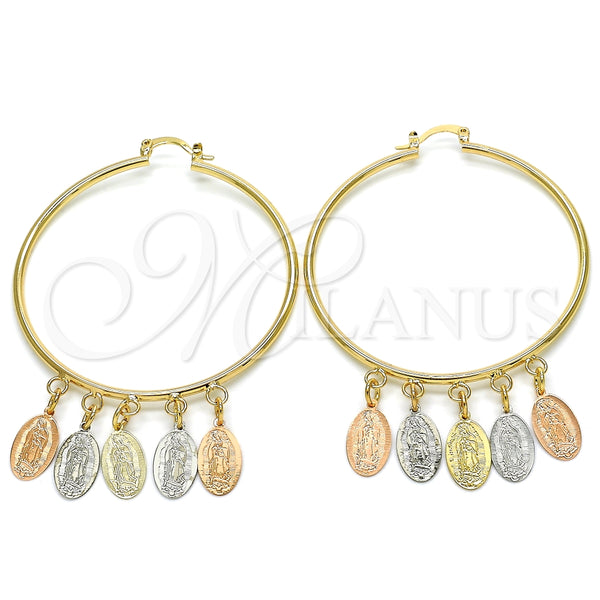 Gold Filled Hoop Earrings — Large Hoop Guadalupe Design Polished Tricolor 02.63. — main product view — SKU 125576 | Oro Laminado aretes de aro — Large Hoop Guadalupe diseño pulido Tricolor 02.63. — SKU 125576