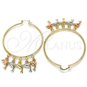 Gold Filled Hoop Earrings — Large Hoop Dolphin Design Polished Tricolor 02.63. — main product view — SKU 125578 | Oro Laminado aretes de aro — Large Hoop Dolphin diseño pulido Tricolor 02.63. — SKU 125578