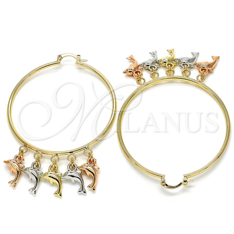 Oro Laminado Large Hoop, Gold Filled Style Dolphin Design, Polished, Tricolor, 02.63.2664.55
