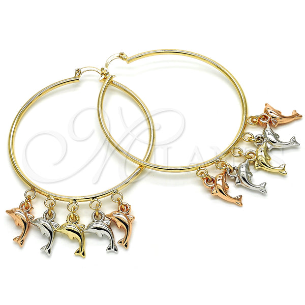Gold Filled Hoop Earrings — Large Hoop Dolphin Design Polished Tricolor 02.63. — alternate product view — SKU 125578 | Oro Laminado aretes de aro — Large Hoop Dolphin diseño pulido Tricolor 02.63. — SKU 125578