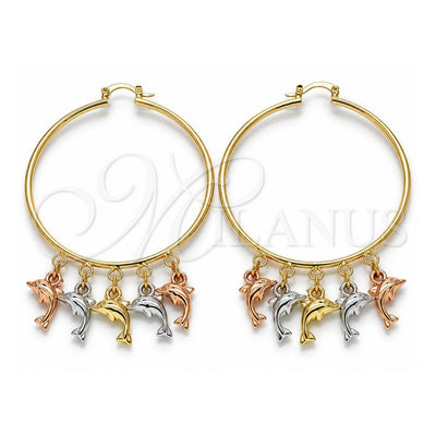 Oro Laminado Large Hoop, Gold Filled Style Dolphin Design, Polished, Tricolor, 02.63.2664.55