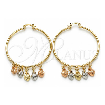 Oro Laminado Large Hoop, Gold Filled Style Heart Design, Polished, Tricolor, 02.63.2665.55