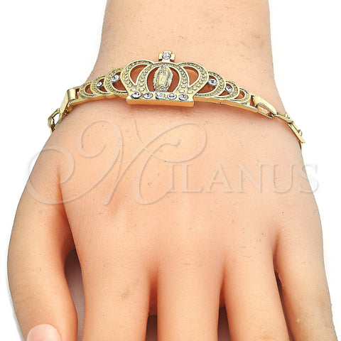 Oro Laminado Fancy Bracelet, Gold Filled Style Crown and Guadalupe Design, with White Crystal, Polished, Golden Finish, 03.253.0029.07 (05 MM Thickness, 7 Inches Length)