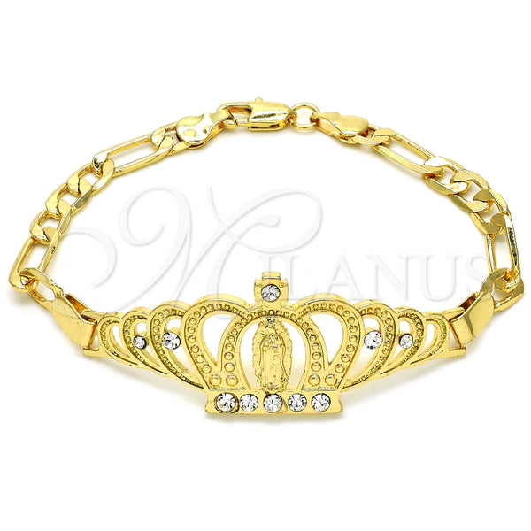 Oro Laminado Fancy Bracelet, Gold Filled Style Crown and Guadalupe Design, with White Crystal, Polished, Golden Finish, 03.253.0029.07 (05 MM Thickness, 7 Inches Length)
