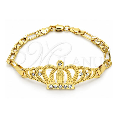 Oro Laminado Fancy Bracelet, Gold Filled Style Crown and Guadalupe Design, with White Crystal, Polished, Golden Finish, 03.253.0029.07 (05 MM Thickness, 7 Inches Length)