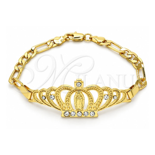 Oro Laminado Fancy Bracelet, Gold Filled Style Crown and Guadalupe Design, with White Crystal, Polished, Golden Finish, 03.253.0029.07 (05 MM Thickness, 7 Inches Length)