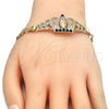 Oro Laminado Fancy Bracelet, Gold Filled Style Crown and Guadalupe Design, with Multicolor Crystal, Polished, Golden Finish, 03.253.0029.1.07 (05 MM Thickness, 7 Inches Length)