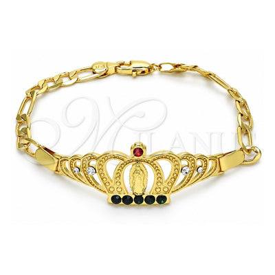 Oro Laminado Fancy Bracelet, Gold Filled Style Crown and Guadalupe Design, with Multicolor Crystal, Polished, Golden Finish, 03.253.0029.1.07 (05 MM Thickness, 7 Inches Length)