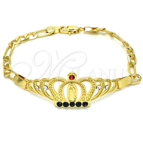 Oro Laminado Fancy Bracelet, Gold Filled Style Crown and Guadalupe Design, with Multicolor Crystal, Polished, Golden Finish, 03.253.0029.1.07 (05 MM Thickness, 7 Inches Length)