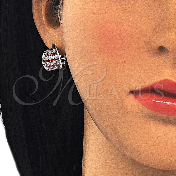 White Gold Filled Hoop Earrings — Huggie Hoop with Garnet and White Cubic Zirconia — alternate product view — SKU 125596 | Oro Laminado Blanco aretes de aro — Huggie Hoop with Garnet and blanco Cubic Zirconia — SKU 125596