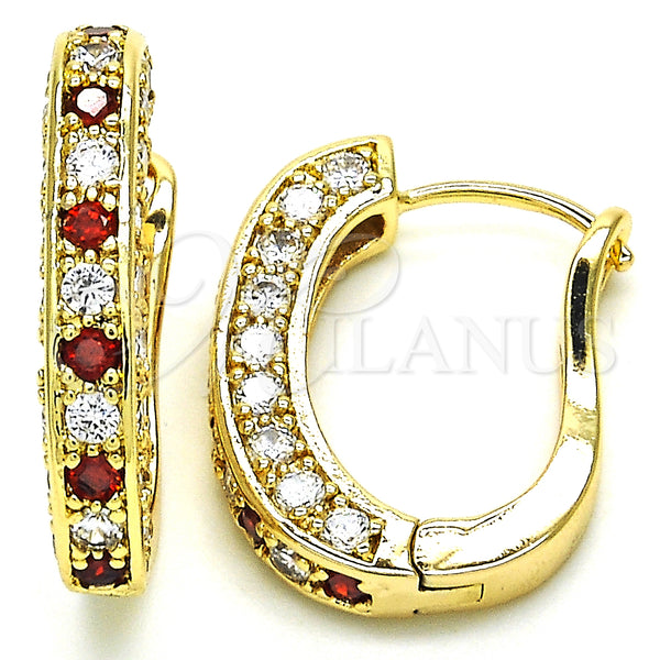 Gold Filled Hoop Earrings — Huggie Hoop with Garnet and White Cubic Zirconia — main product view — SKU 125603 | Oro Laminado aretes de aro — Huggie Hoop with Garnet and blanco Cubic Zirconia — SKU 125603