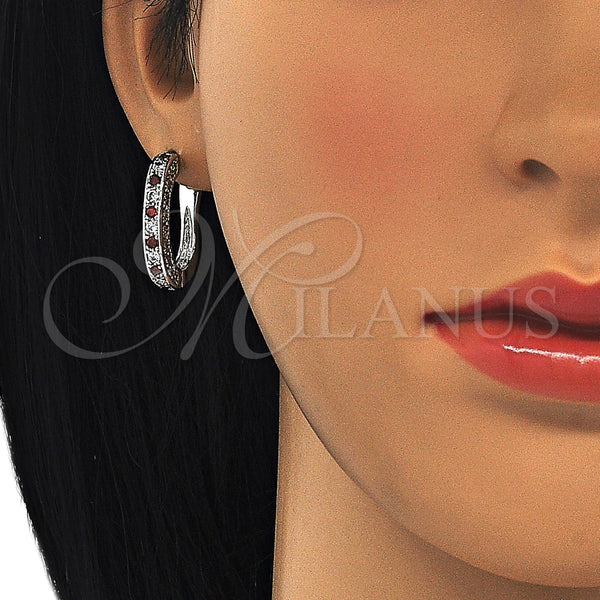 White Gold Filled Hoop Earrings — Huggie Hoop with Garnet and White Cubic Zirconia — alternate product view — SKU 125604 | Oro Laminado Blanco aretes de aro — Huggie Hoop with Garnet and blanco Cubic Zirconia — SKU 125604