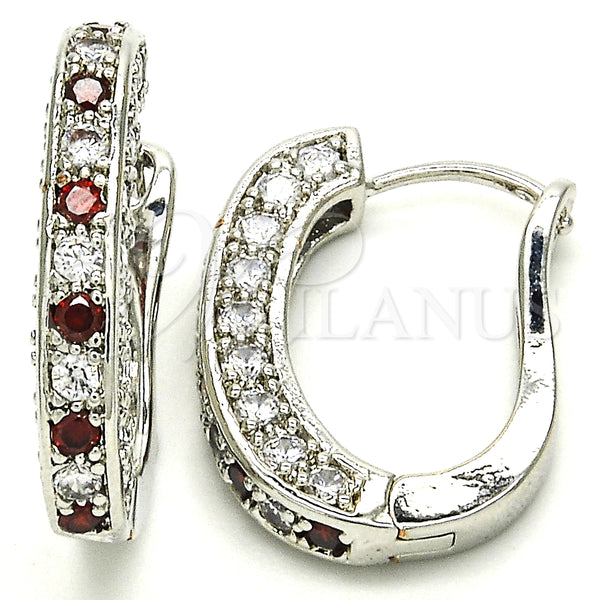 White Gold Filled Hoop Earrings — Huggie Hoop with Garnet and White Cubic Zirconia — main product view — SKU 125604 | Oro Laminado Blanco aretes de aro — Huggie Hoop with Garnet and blanco Cubic Zirconia — SKU 125604