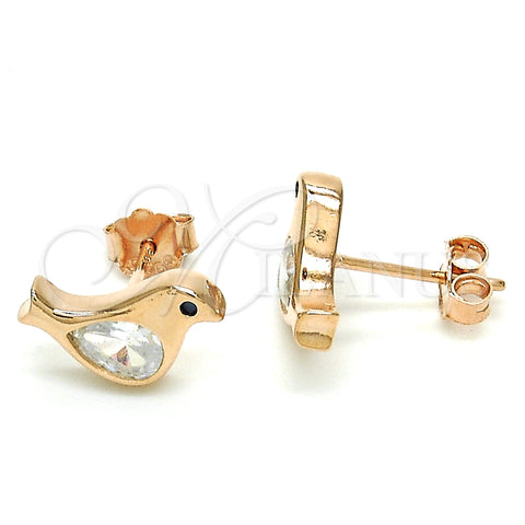 Sterling Silver Stud Earring, Bird Design, with White and Black Cubic Zirconia, Polished, Rose Gold Finish, 02.336.0021.1