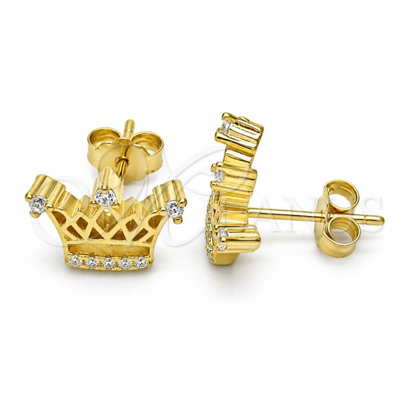 Sterling Silver Stud Earring, Crown Design, with White Cubic Zirconia and White Crystal, Polished, Golden Finish, 02.336.0079.2