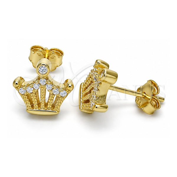 Sterling Silver Stud Earring, Crown Design, with White Cubic Zirconia, Polished, Golden Finish, 02.336.0052.2