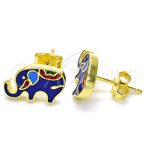 Sterling Silver Stud Earring, Elephant Design, Blue Enamel Finish, Golden Finish, 02.336.0093.2