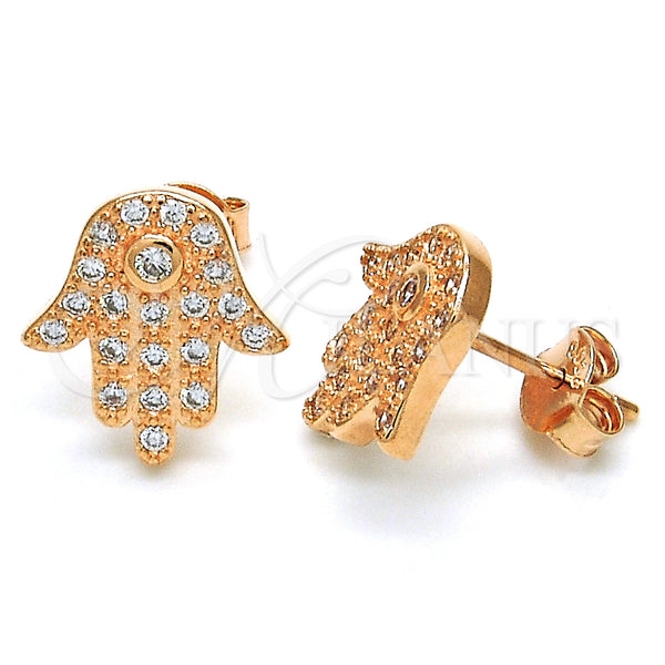 Sterling Silver Stud Earring, Hand of God Design, with White Cubic Zirconia, Polished, Rose Gold Finish, 02.336.0095.1