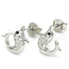 Sterling Silver Stud Earring, Dolphin Design, with Black and White Micro Pave, Polished, Rhodium Finish, 02.336.0099