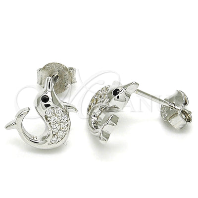 Sterling Silver Stud Earring, Dolphin Design, with Black and White Micro Pave, Polished, Rhodium Finish for wholesale, main product view