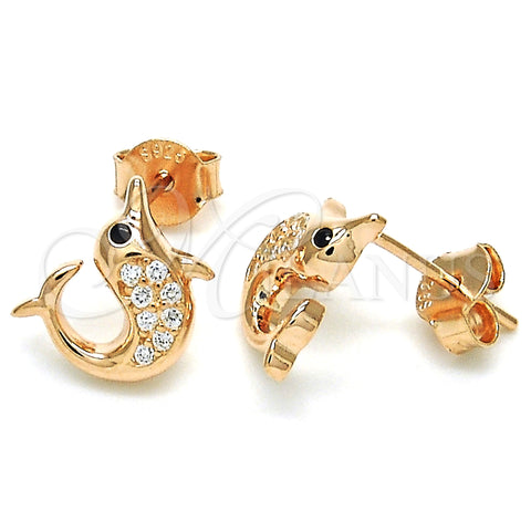Sterling Silver Stud Earring, Dolphin Design, with White and Black Micro Pave, Polished, Rose Gold Finish, 02.336.0099.1