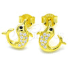 Sterling Silver Stud Earring, Dolphin Design, with White and Black Micro Pave, Polished, Golden Finish, 02.336.0099.2
