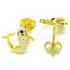 Sterling Silver Stud Earring, Dolphin Design, with White and Black Micro Pave, Polished, Golden Finish, 02.336.0099.2