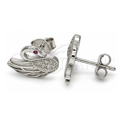 Sterling Silver Stud Earring, Swan Design, with Ruby and White Micro Pave, Polished, Rhodium Finish, 02.336.0105