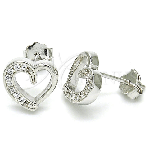 Sterling Silver Stud Earring, Heart Design, with White Micro Pave, Polished, Rhodium Finish, 02.336.0106