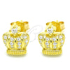 Sterling Silver Stud Earring, Crown Design, with White Cubic Zirconia, Polished, Golden Finish, 02.336.0107.2